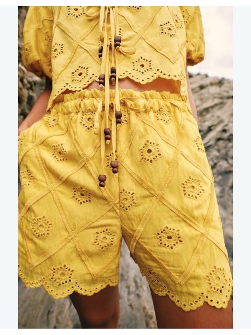 Zara Yellow Eyelet Scalloped Hem Shorts